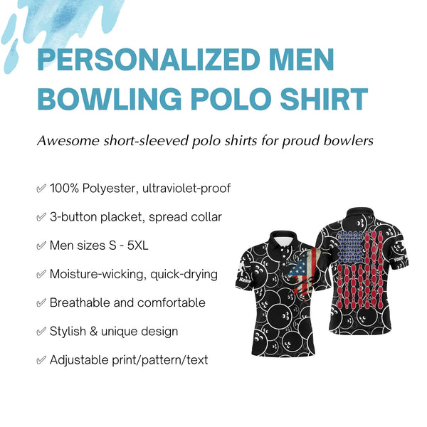 Custom American Flag Men Bowling Polo Shirt Black USA Bowling Short Sleeve Polo Men Bowlers NBP01