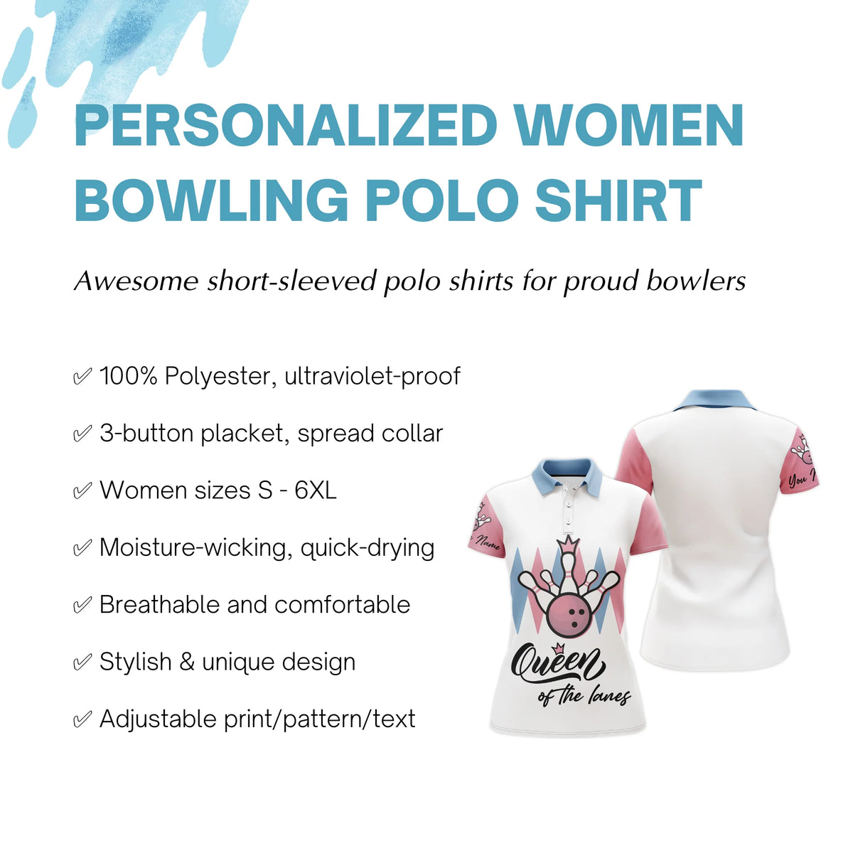 Personalized Women Bowling Polo Shirt, Queen of The Lanes, Short Sleeve Female Bowlers Jersey NBP30