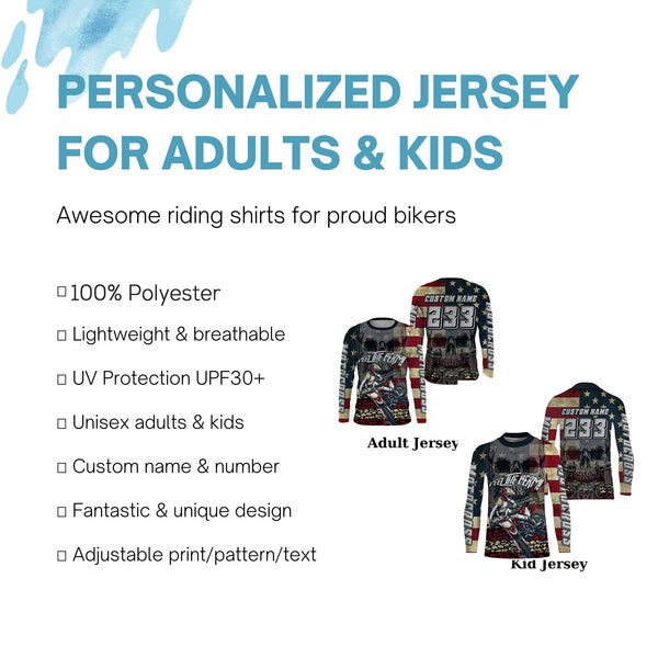 American Flag Custom Skull Motocross Jersey UPF30+ Patriotic Dirt Bike Racing Motorcycle Shirt NMS1237