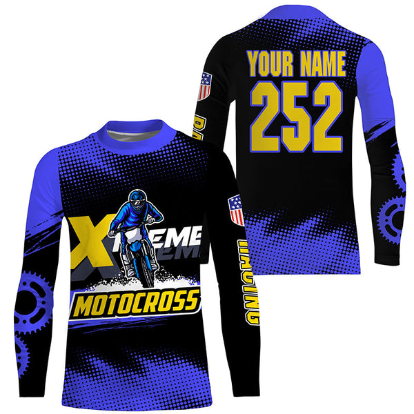 Men women kid Motocross jersey UPF30+ blue extreme personalized MX riding shirt biker off-road PDT242