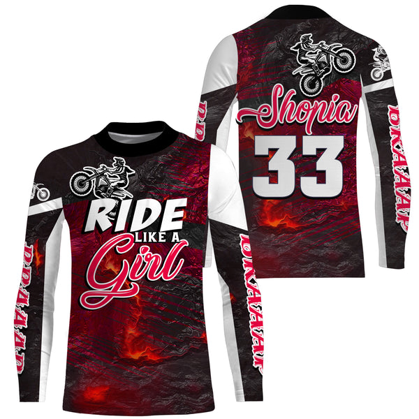 Ride Like A Girl Motocross Jersey Personalized UPF30+ Red Dirt Bike Riding Shirt Female Riders| NMS741