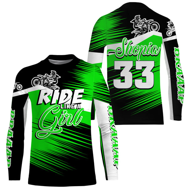 Ride Like A Girl Motocross Jersey Personalized UPF30+ Green Dirt Bike Riding Shirt Female Riders| NMS737