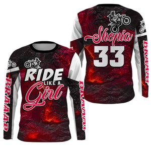 Ride Like A Girl Motocross Jersey Personalized UPF30+ Red Dirt Bike Riding Shirt Female Riders| NMS741