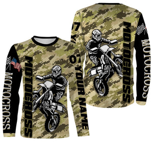 Motocross Rider Personalized Long Sleeves Hoodie T-shirt, Camo All Over Printed Motorcycle Off-road| NMS299