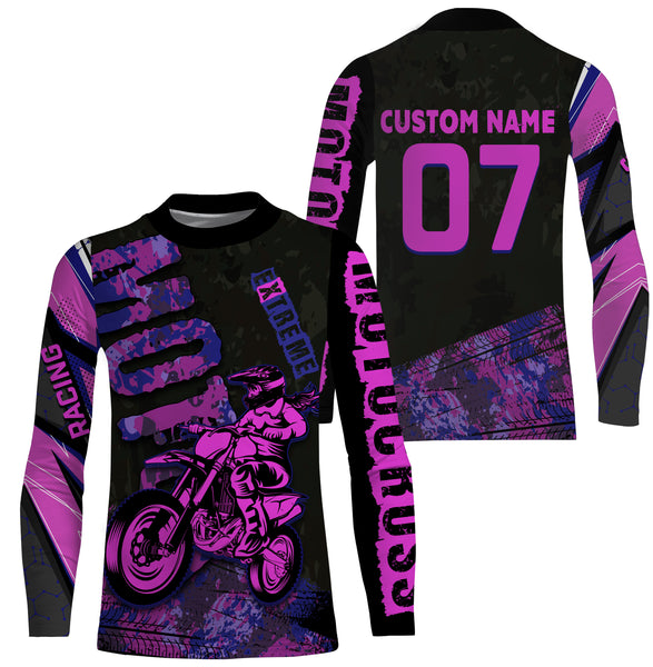 Personalized Motocross Jersey Pink UPF 30+, Extreme Motocross Racing Off-Road Long Sleeves Adult & Kid| NMS679