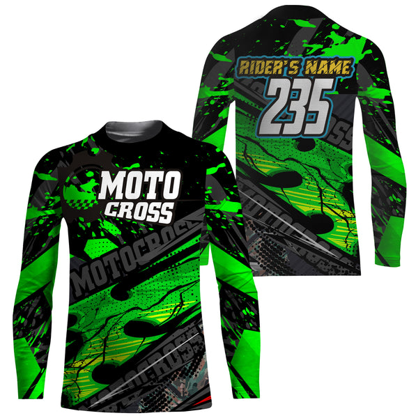 Personalized Motocross Jersey UPF30+, Motorcycle Green Dirt Bike Racing Shirt Off-Road Riders Racewear| NMS427