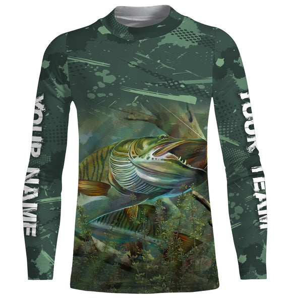 Musky ( muskie) fishing green camo custom name and team name with musky fish ChipteeAmz's art shirts AT066