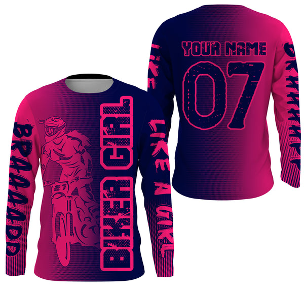 Personalized Biker Girl Jersey UPF30+ Pink&Navy Brap Motocross Female Riders Adult&Kid Dirt Bike Jersey| NMS759