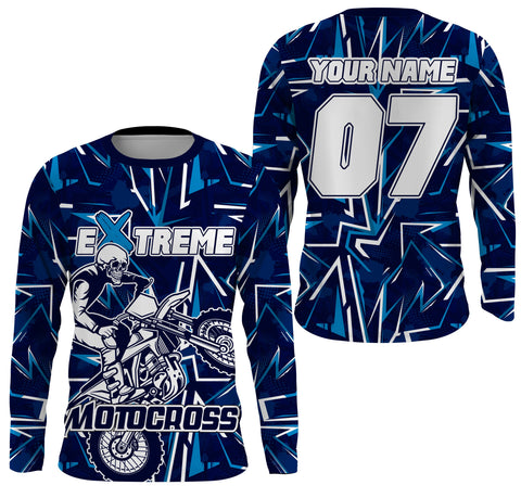 Extreme Motocross skull personalized jersey blue UPF30+ dirt bike long sleeves motorcycle bikers NMS1054