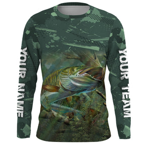 Musky ( muskie) fishing green camo custom name and team name with musky fish ChipteeAmz's art shirts AT066