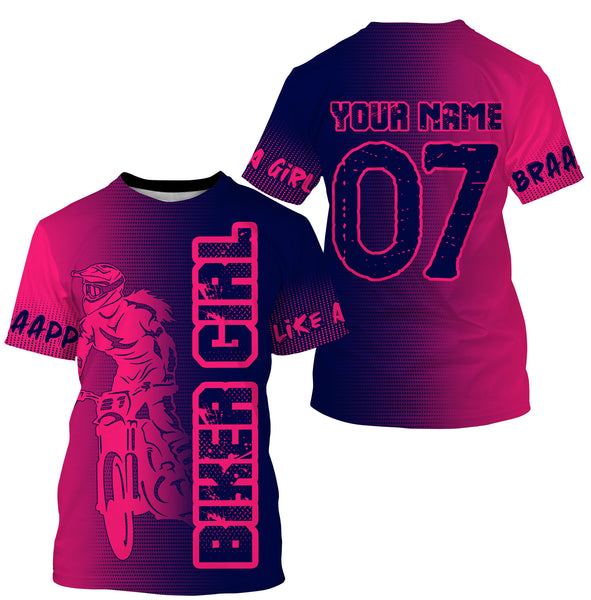 Personalized Biker Girl Jersey UPF30+ Pink&Navy Brap Motocross Female Riders Adult&Kid Dirt Bike Jersey| NMS759