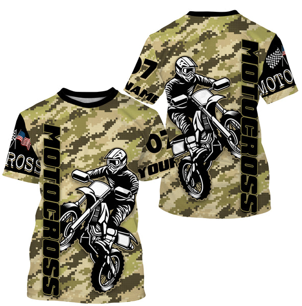 Motocross Rider Personalized Long Sleeves Hoodie T-shirt, Camo All Over Printed Motorcycle Off-road| NMS299