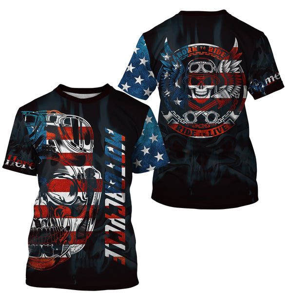 Patriotic Motorcycle Jersey UPF30+ Personalized Skull Biker Riding Shirt American Off-Road Jersey| NMS731