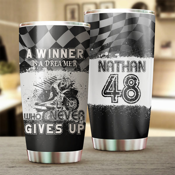 Personalized Biker Tumbler - Never Give Up, Motorcycle Tumbler Off-road Dirt Bike Rider Drinkware| NMS380