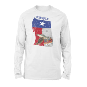 Custom name inshore fishing Texas slam redfish puppy drum, speckled trout, flounder Texas state flag fishing shirt D06 NQS1218 - Standard Long Sleeve