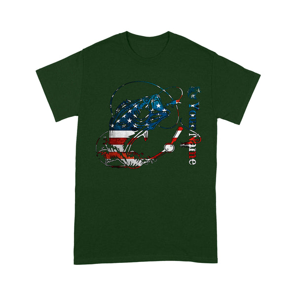 US Bass Fishing American Flag 4th July Custom name T-shirt D02 NQS1248