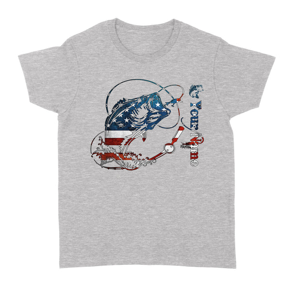US Bass Fishing American Flag 4th July Custom name Women's T-shirt D02 NQS1248