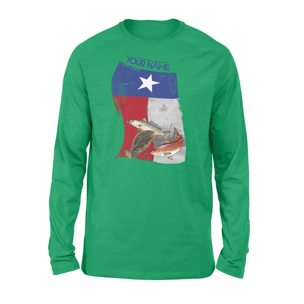 Custom name inshore fishing Texas slam redfish puppy drum, speckled trout, flounder Texas state flag fishing shirt D06 NQS1218 - Standard Long Sleeve