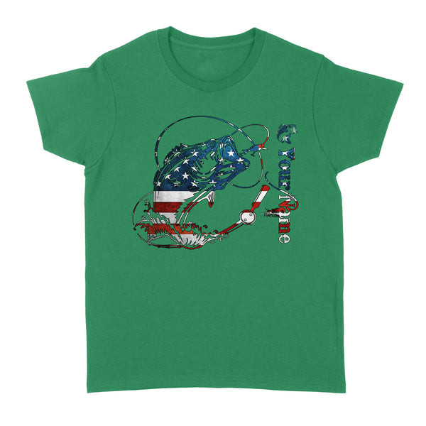 US Bass Fishing American Flag 4th July Custom name Women's T-shirt D02 NQS1248