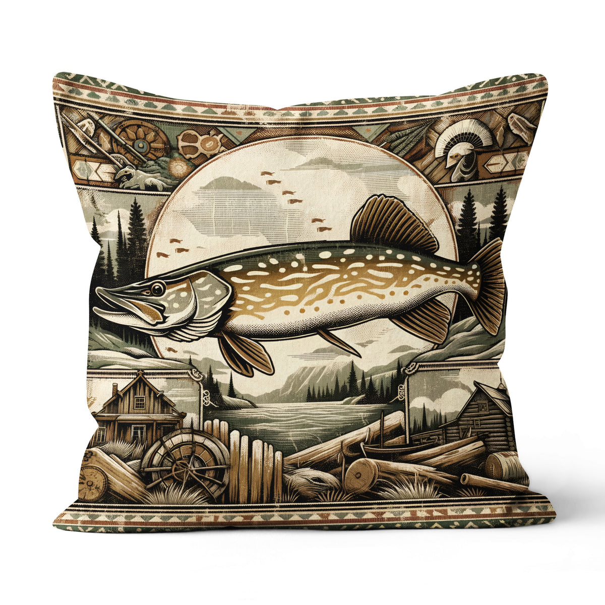 Pike Fishing Lodges Fishing Pillow, Rustic Fishing Cabins decor Fishing Gifts IPHW5695