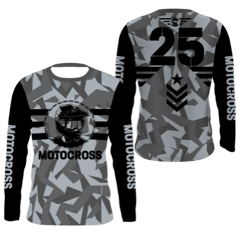 Personalized Motocross Jersey UPF 30+ Long Sleeves - Motorcycle Biker Shirt, Off-Road Racing Rider - Grey| NMS262