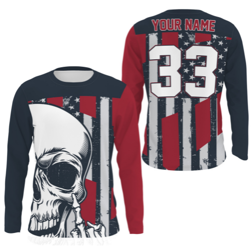 Patriotic Personalized Skull Jersey UPF 30+ Long Sleeves - Motocross Biker Shirt, Motorcycle Off-Road Racing| NMS265
