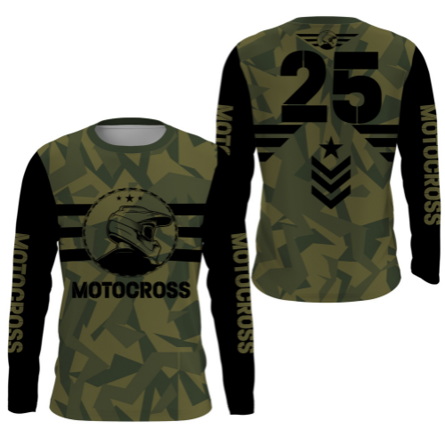 Personalized Motocross Jersey UPF 30+ Long Sleeves - Motorcycle Biker Shirt, Off-Road Racing Rider - Military Green| NMS261